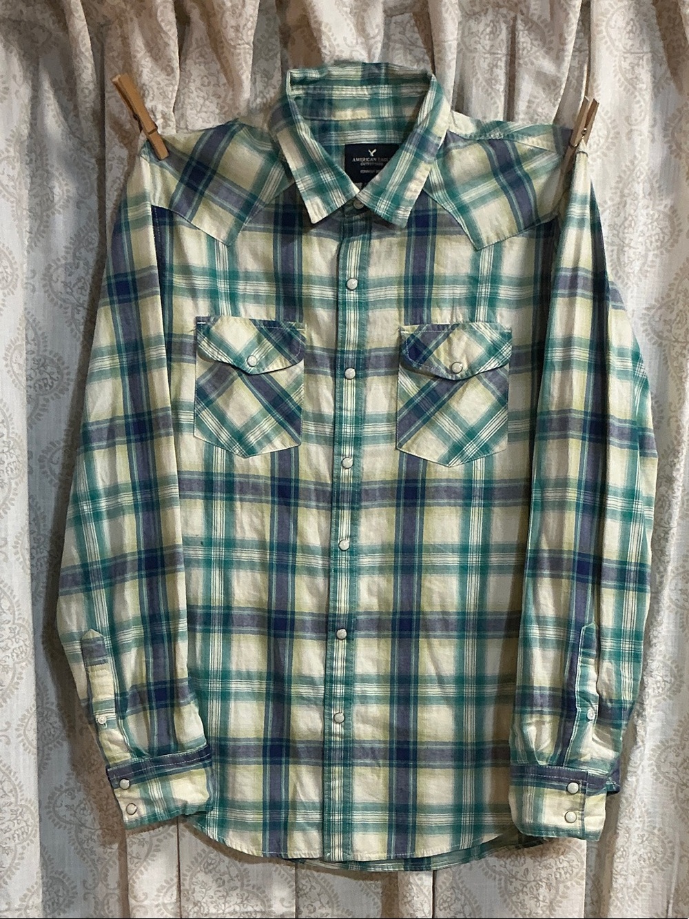 American Eagle Outfitters Plaid Button-Up Shirt in Teal, Navy & Cream